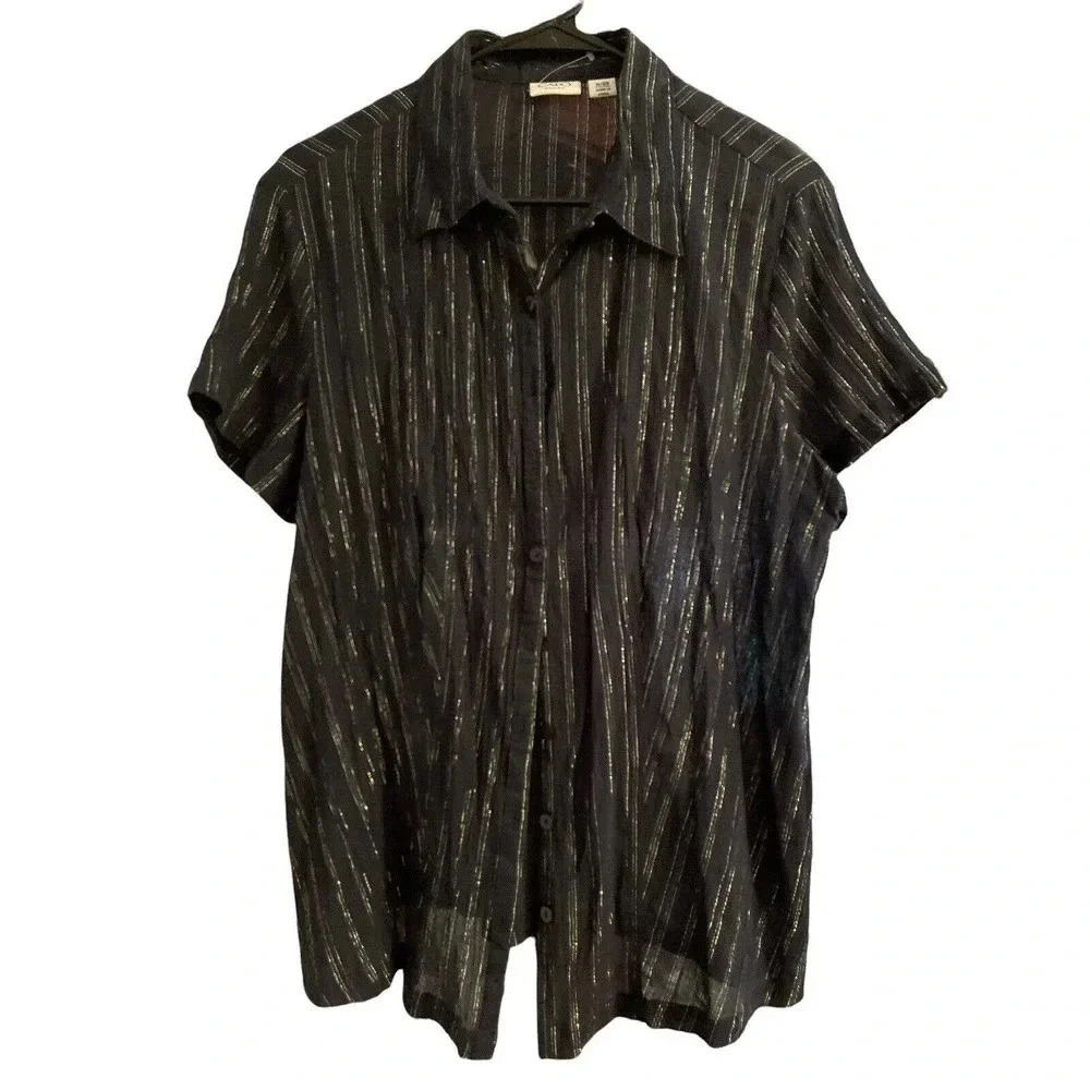 CATO 14/16 W BLACK BLOUSE WITH SHINY STRIPES GOING DOWN BUTTON DOWN